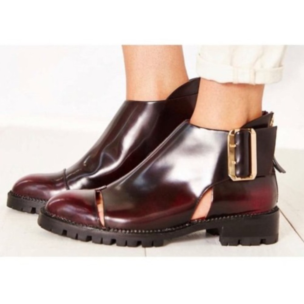 Jeffrey Campbell Burgundy Cutout Leather Ankle Boots with Gold Buckle